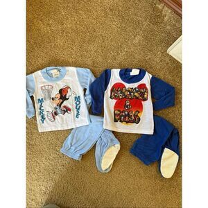 Vintage 90s Disney Mickey and Friends Boys Toddler Baby Blue Footed Pajama Set S